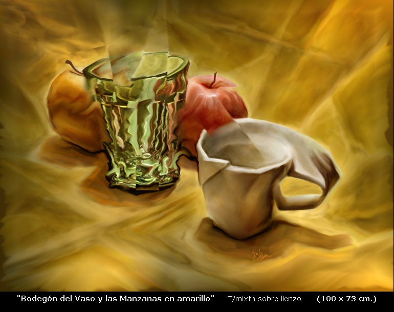 Bodegón del Vaso y las Manzanas en amarillo