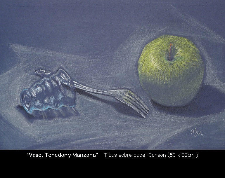 Vaso, tenedor y manzana, dibujo